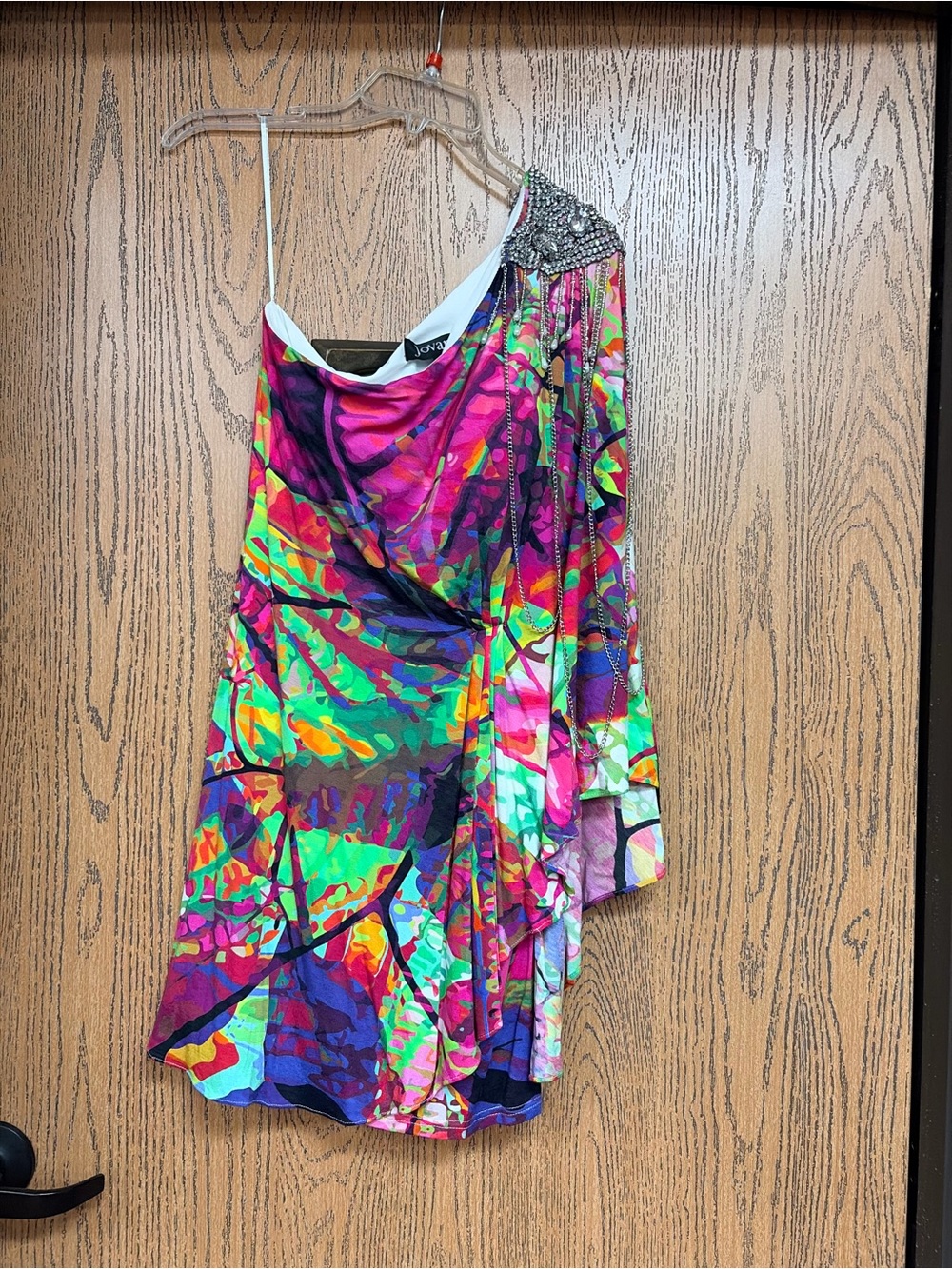 Jovani White and Multicolor Abstract Draped Dress